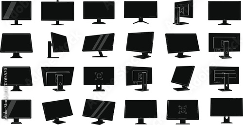 Large collection of computer monitor silhouettes and flat screen icons shown from various angles and perspectives isolated on white background.