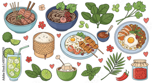 A vibrant collection of traditional Thai cuisine, including various noodle dishes, rice meals, skewers, sticky rice, fresh herbs, spices, and a refreshing lime drink.