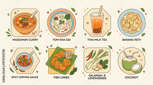 A collection of illustrated Thai dishes and ingredients including Massaman curry, Tom Kha Gai, Thai milk tea, banana roti, fish cakes, spicy dipping sauce, galangal, lemongrass, and coconut.