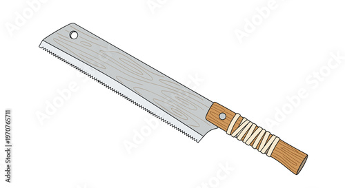 Traditional Japanese hand saw with a long blade and wooden handle wrapped in rope is shown at an angle on white.