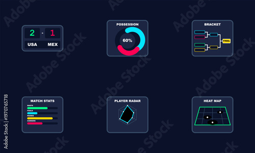 Hand-drawn soccer match analytics dashboard featuring scoreboards, possession charts, player radar, heat maps, and tournament brackets authentic illustration