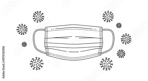 Simple black and white line drawing shows a medical face mask fully protected from surrounding virus symbols.