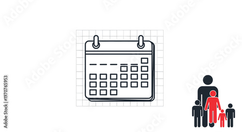 Simple line drawing of a calendar is shown alongside icons representing family members in both black and red.