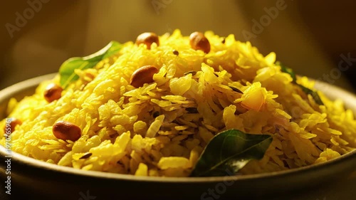 Indian breakfast dish poha, flattened rice flakes with peanuts and curry leaves, healthy vegetarian food closeup