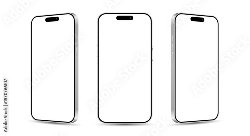 Silver smartphone devices in front and side angle for advertisement. Realistic mobile phones with blank screen, user interface mockup template set, vector illustration