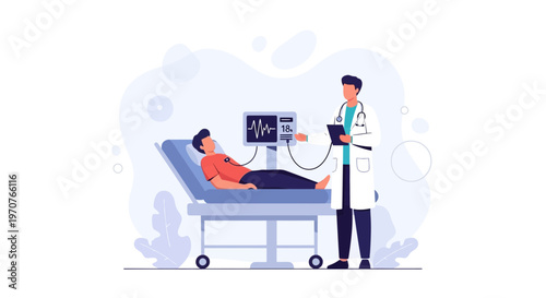 Doctor monitoring patient's vital signs on a medical monitor in a hospital room