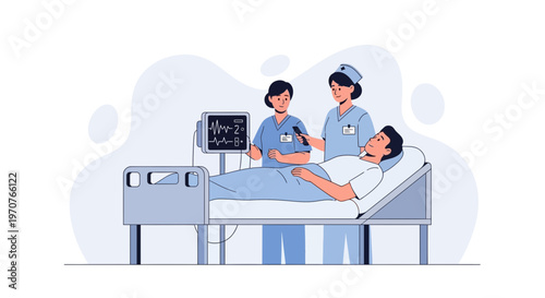 Nurses Monitoring Patient Vital Signs on Medical Monitor in Hospital Room