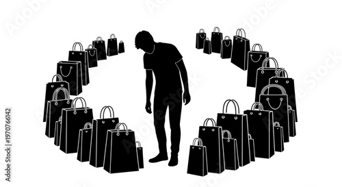 Man surrounded by shopping bags in a circle silhouette