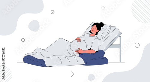 Pregnant Woman Lying in Hospital Bed, Holding Belly, Waiting for Baby