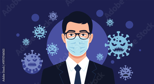 Professional man wearing a medical face mask and glasses surrounded by floating virus icons on a dark blue background.