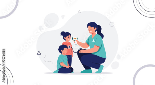 Nurse checks child's temperature with infrared thermometer, caring for kids health