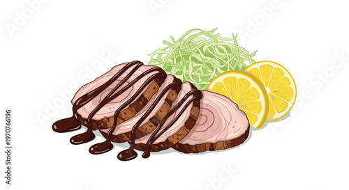 Slices of roasted pork with sauce served with shredded cabbage and fresh lemon slices as a delicious gourmet meal.