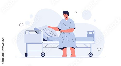 Man in hospital gown sits by hospital bed, touching pillow, illustration
