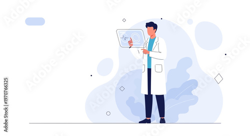 Doctor analyzing futuristic medical data on a transparent screen, innovation in healthcare