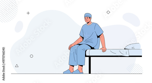 Male Patient in Hospital Gown Sitting on Medical Bed, Waiting for Treatment
