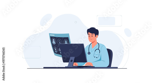 Doctor analyzing brain scan results on computer in modern clinic office