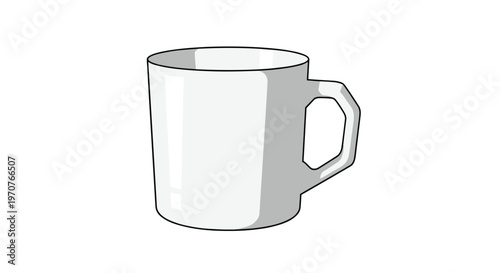 Classic white ceramic coffee mug with a handle shown in a three-quarter view isolated on a white background for design.