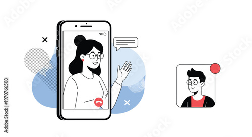 Modern video call concept illustration showing a woman on a smartphone screen and a man in a separate notification bubble.