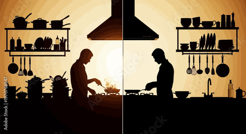 Couple cooking together in kitchen with utensils and pots and pans on shelves warm lighting
