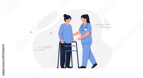 Nurse Assists Patient with Walker in Rehabilitation Therapy