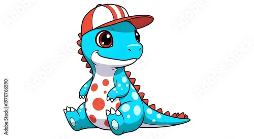 Fototapeta na wymiar Cute cartoon baby dinosaur with polka dots wearing a red and white baseball cap