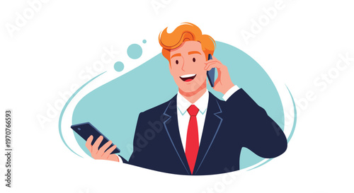 Happy businessman in a suit talking on one smartphone while holding another, symbolizing busy multitasking in business.