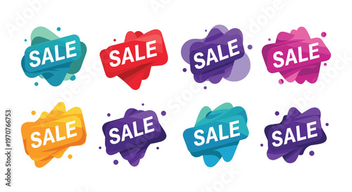 Collection of colorful abstract sale tags with modern shapes and vibrant colors for marketing and retail promotions.