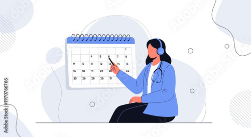 Doctor with headphones points at calendar, online medical consultation concept