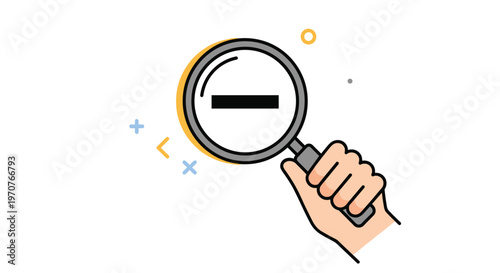 Hand holding a magnifying glass focused on a minus symbol, representing zoom out, decrease, or negative search results.