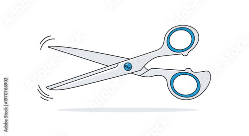 Illustration of a pair of sharp metal scissors with blue handle inserts shown in an open position with motion lines.