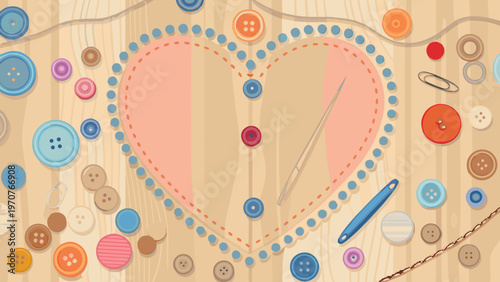 Colorful craft elements form a heart on a wooden background with buttons needles and threads for sewing and diy projects