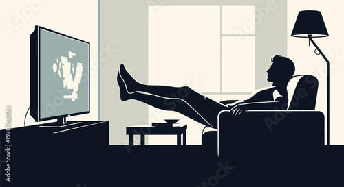 Man relaxing on couch watching tv in modern living room with lamp and window