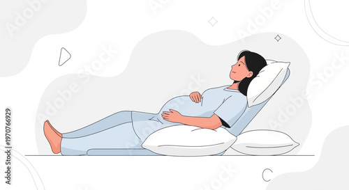 Pregnant Woman Lying Down Relaxing on Bed with Pillows, Maternity Care