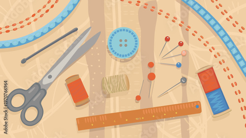Sewing tools organized on a wooden background with threads and buttons flat illustration for hobby and craft concepts