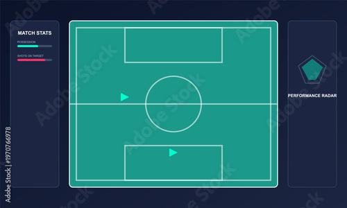 Hand-drawn tactical soccer pitch dashboard featuring match statistics possession performance radar metrics data visualization football analytics authentic illustration
