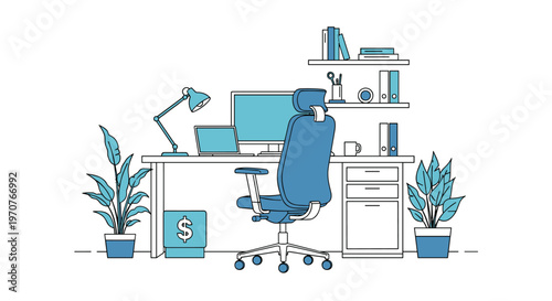 Complete modern office workspace with a desk, computer, ergonomic chair, shelves, and indoor plants in a blue-tinted style.