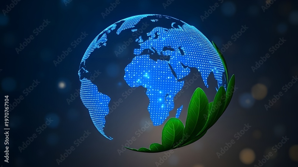 Fototapeta premium Digital Earth With Green Leaves Network Showing Global Sustainability And Technology Integration