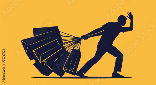 Man struggling to carry heavy shopping bags stressed and overwhelmed with yellow background