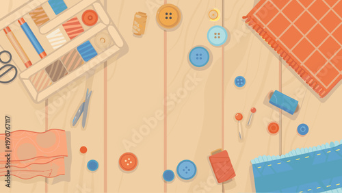 Handmade sewing workspace with scattered supplies on wooden tabletop colorful buttons threads and fabric