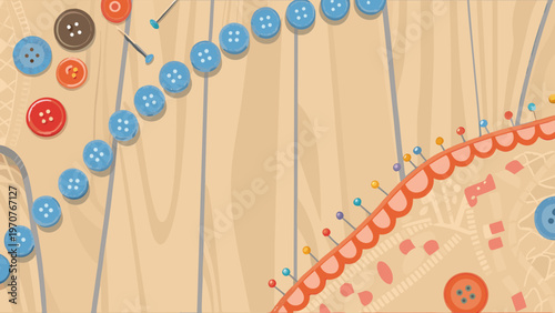 Colorful buttons and threads on wooden background sewing elements abstract illustration craft supplies