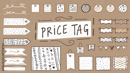 Flat vector illustration of various price tags and labels on brown background for shopping and discount concepts