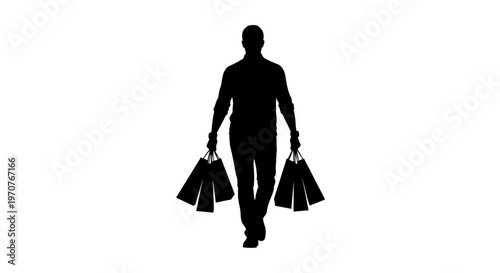 Man walking with multiple shopping bags in hands silhouette against white background consumerism concept