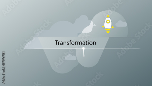 Flat vector illustration of a rocket launching through clouds symbolizing business transformation and growth