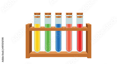 Five glass test tubes with colorful liquids in wooden rack for chemistry and science laboratory experiments on white background.
