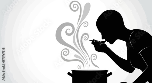 Person tasting food from spoon over steaming pot with decorative steam