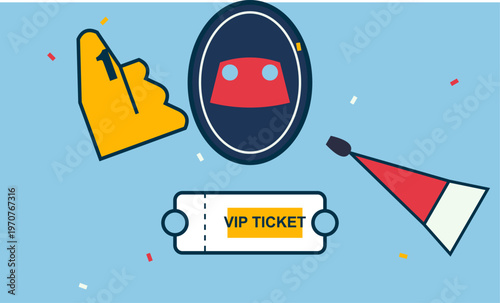 Hand-drawn sports supporter gear collection featuring foam finger ticket face mask and vuvuzela horn on blue authentic illustration