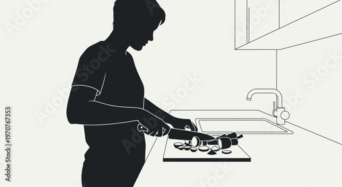 Man cooking on gas stove in kitchen at home preparing food