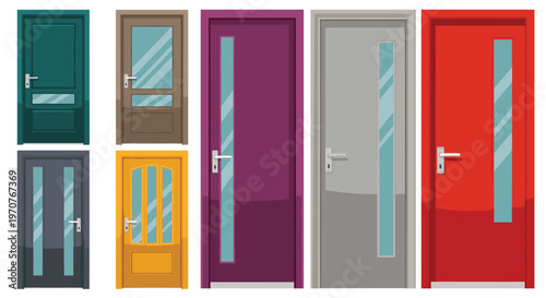 Collection of modern office and house doors in various colors and designs with glass windows isolated on white background vector.