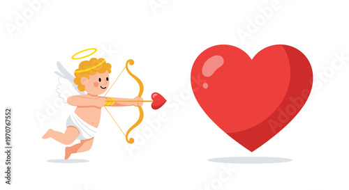 Cute cupid angel character aiming a heart shaped arrow with a bow towards a large red heart on white background vector.
