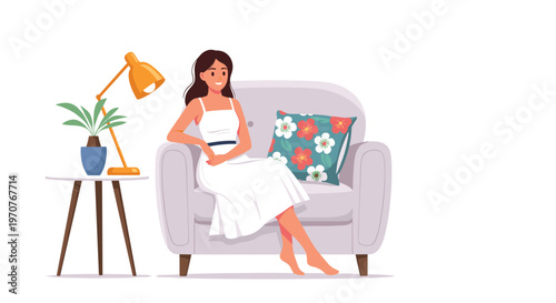 Young woman in white dress sitting comfortably in an armchair with a lamp and plant on a side table vector illustration.